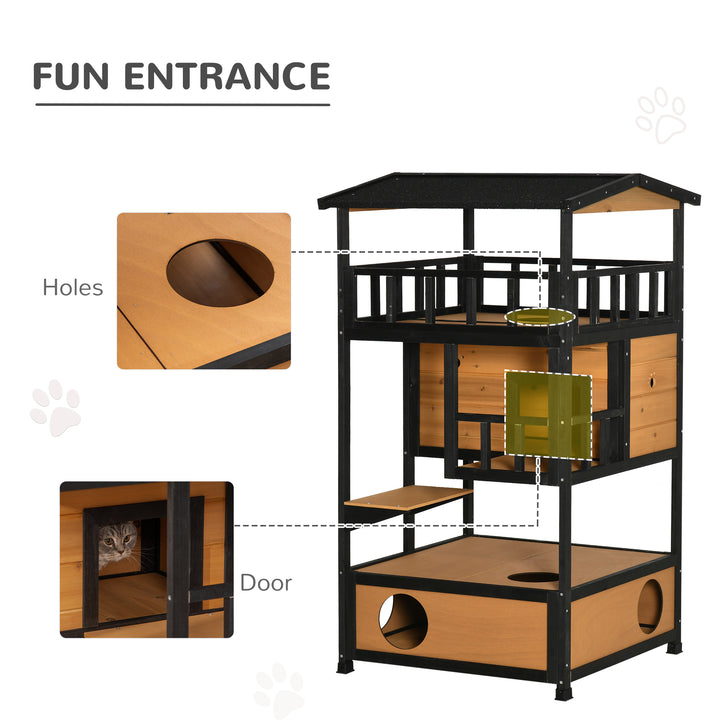 Wooden Outdoor Cat House, 3-Tier Cat Shelter with Tilted Roof, Terrace, Jump Step, Bottom Tray and Elevated Base, Waterproof Paint, Yellow