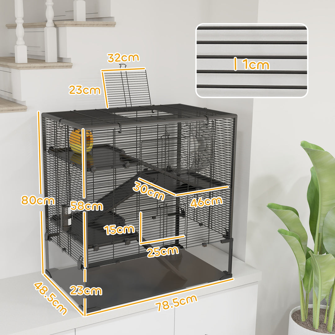 Four-Tier Hamster Cage with Deep Tempered Glass Bottom, Hut, Running Wheel, Food Dish, Water Bottle, 78.5 x 48.5 x 80cm