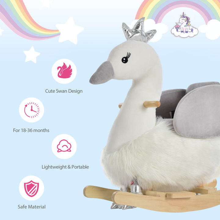 MCL Kids Rocking Horse, Children Plush Ride On Swan Animal Rocker w/ Sound, Wood Base Seat, Safety Belt, Baby Toy Rocker for Toddler 18 - 36 Months, White and Grey