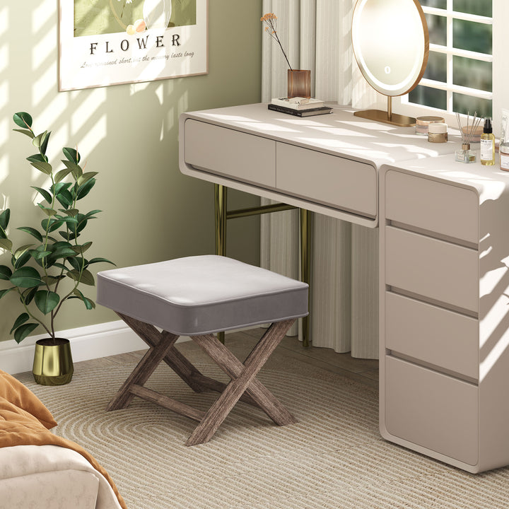 Vintage Footstool Padded Seat X Leg Chair Velvet Cover Shabby Chic Footrest Solid Rubber Wood Frame 49.5 x 45 x 41 cm Grey