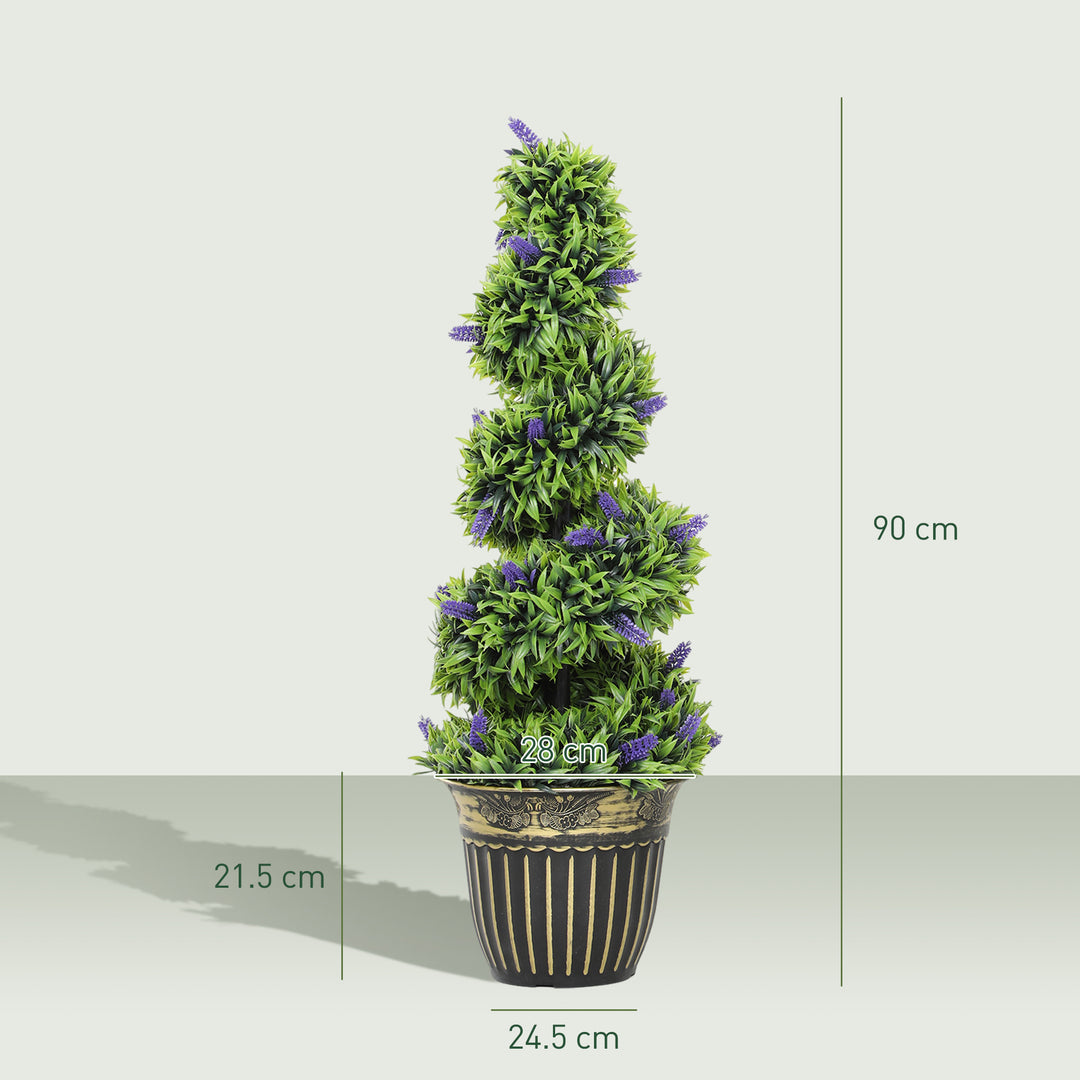 Set of 2 Decorative Artificial Plants, Boxwood Spiral Topiary Tree with Lavender and Pot, Fake Plants for Home Indoor Outdoor Decor, 90cm