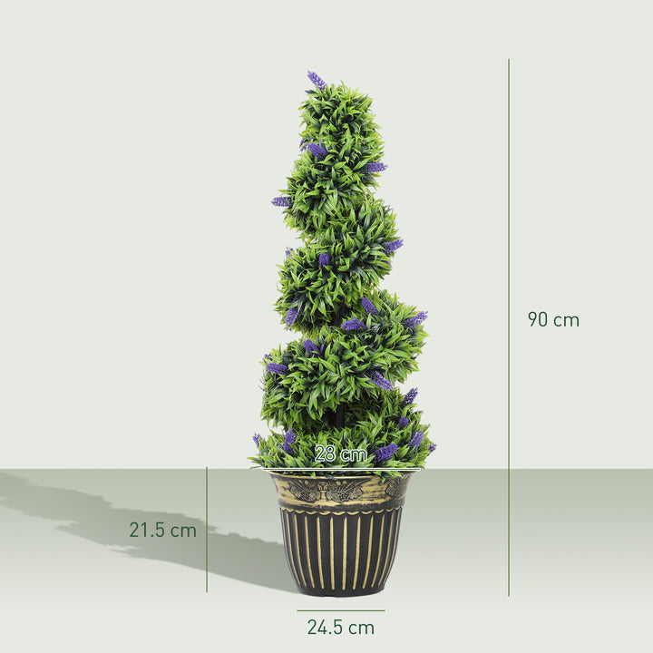 Set of 2 Decorative Artificial Plants, Boxwood Spiral Topiary Tree with Lavender and Pot, Fake Plants for Home Indoor Outdoor Decor, 90cm