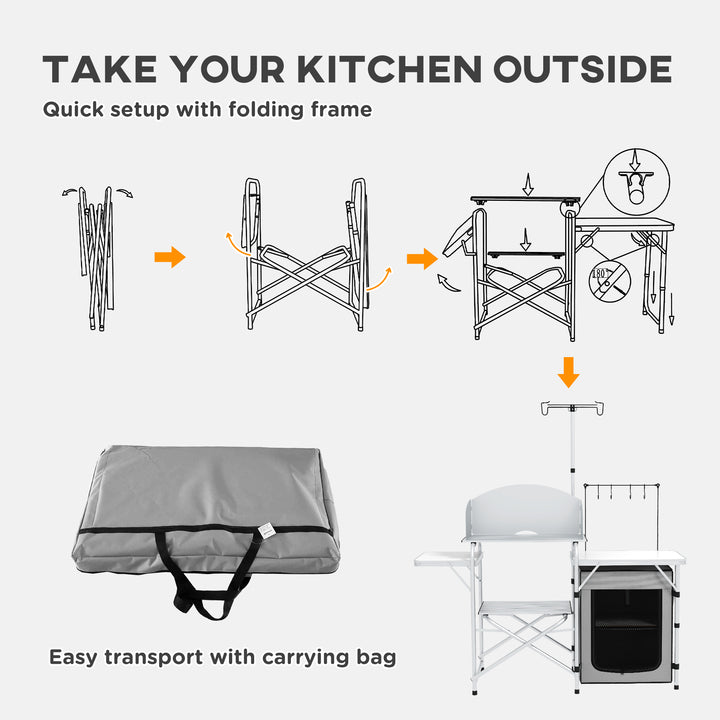 Outsunny Portable Camping Kitchen with Cupboard, Aluminium Folding Table with Windshield & Light Stand, Includes Carrying Bag