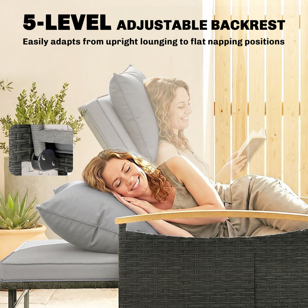Double Garden Rattan Daybed, Wicker Sun Bed Chaise Lounger with Storag