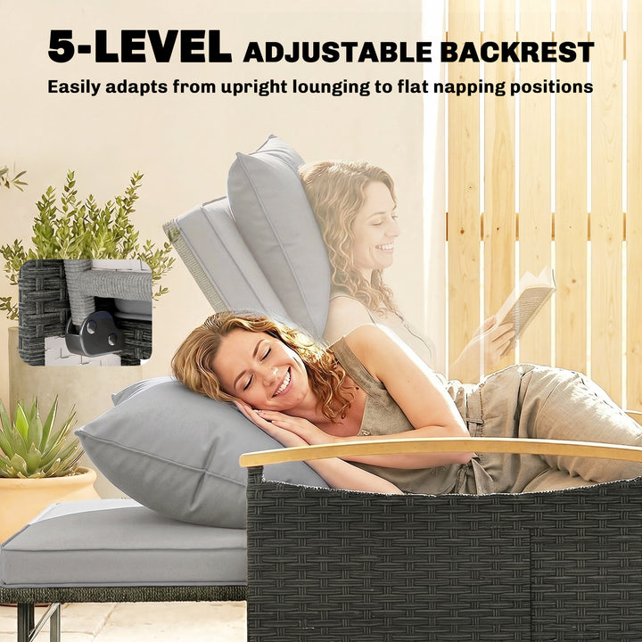 Double Garden Rattan Daybed, Wicker Sun Bed Chaise Lounger with Storag