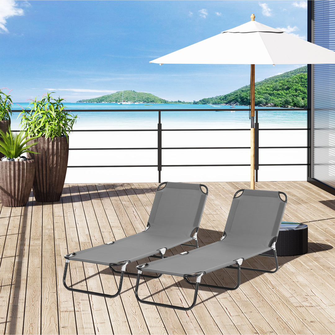 2 Piece Foldable Sun Loungers with 5-Position Adjustable Backrest, Outdoor Portable Recliner Chaise Lounge Chairs with Breathable Mesh Fabric, Grey
