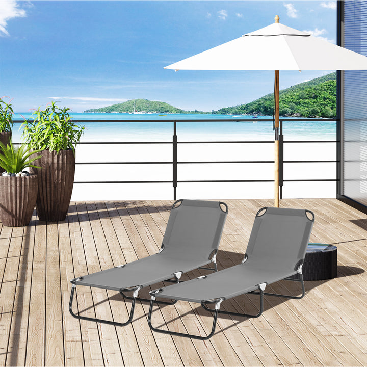 2 Piece Foldable Sun Loungers with 5-Position Adjustable Backrest, Outdoor Portable Recliner Chaise Lounge Chairs with Breathable Mesh Fabric, Grey