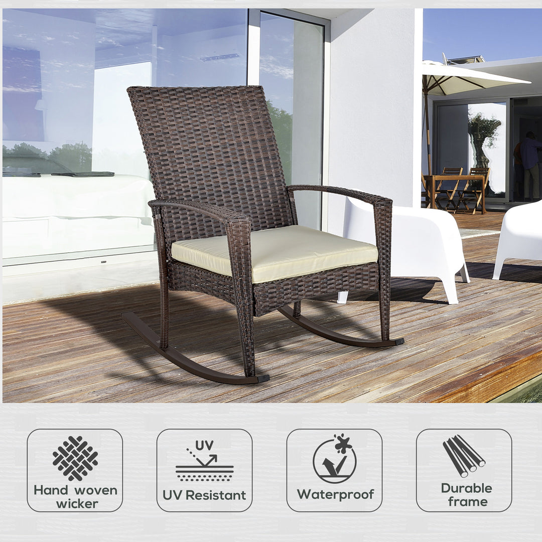 PE Rattan Garden Rocking Chair, Outdoor Rocking with Cushion, 160 KG Capacity Wicker Garden Armchair Rocker with Metal Frame for Patio, Porch, Balcony, Brown