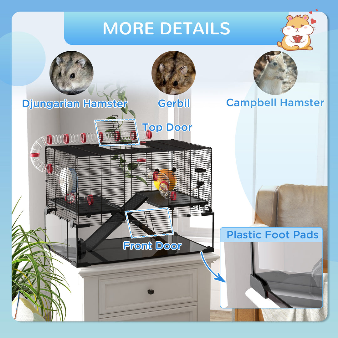 Gerbil Cage, Dwarf Hamster Cage, with Deep Glass Bottom, Tunnels, Ramps, Hut, Exercise Wheel, 78.5 x 48.5 x 57cm