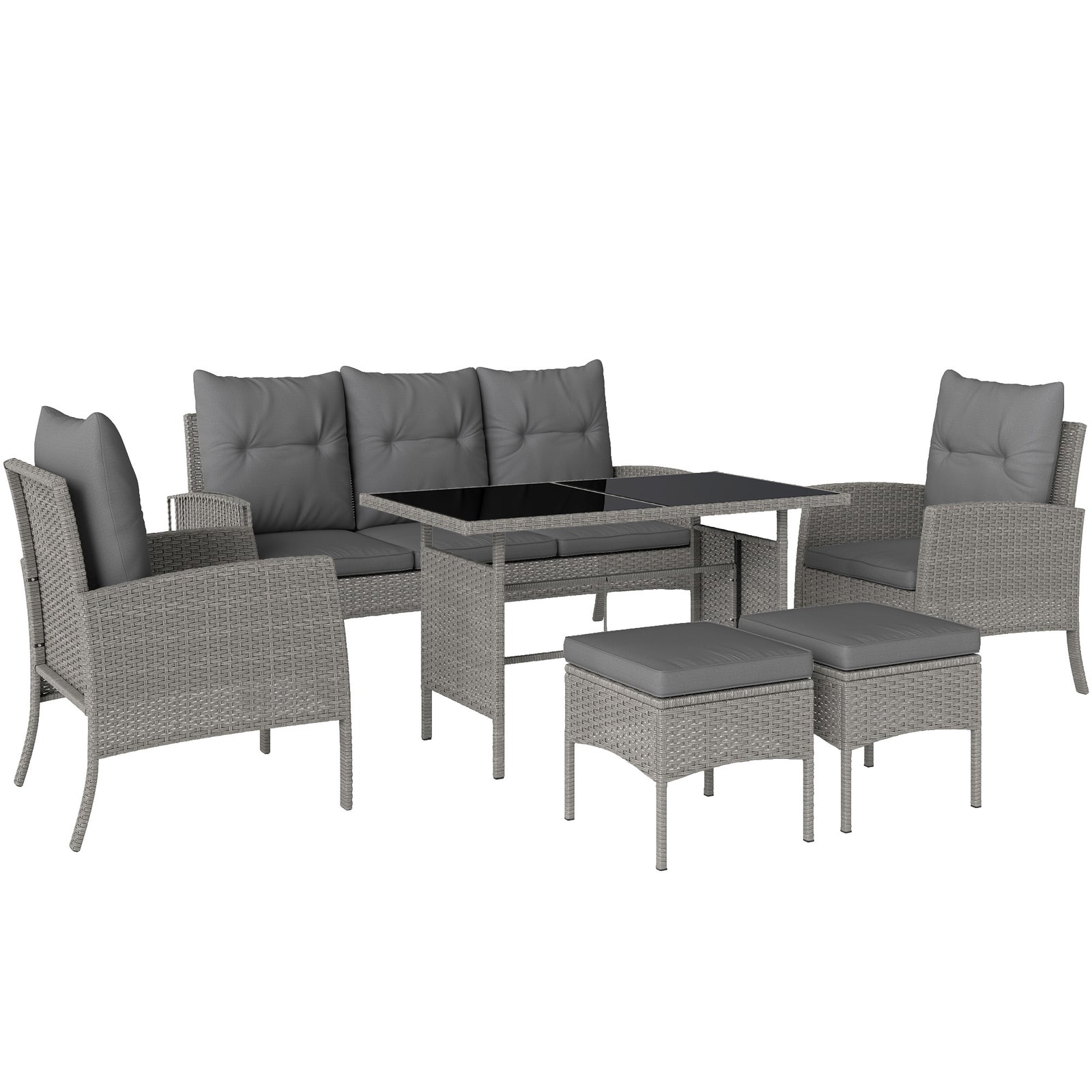 5 Seater Rattan Garden Furniture Set, 2 Armchairs, 3-Seater Wicker Sofa, 2 Footstools and Glass Table, 6 Piece Patio Rattan furniture Sofa Sets with Cushions for Conservatory, Grey