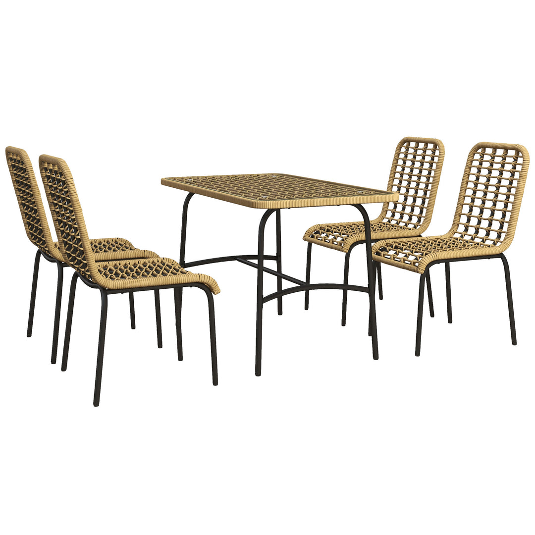 5 Pcs Rattan Outdoor Dining Set Patio Conservatory w/ Tempered Glass Tabletop Hollowed-out Design - Natural Wood Finish