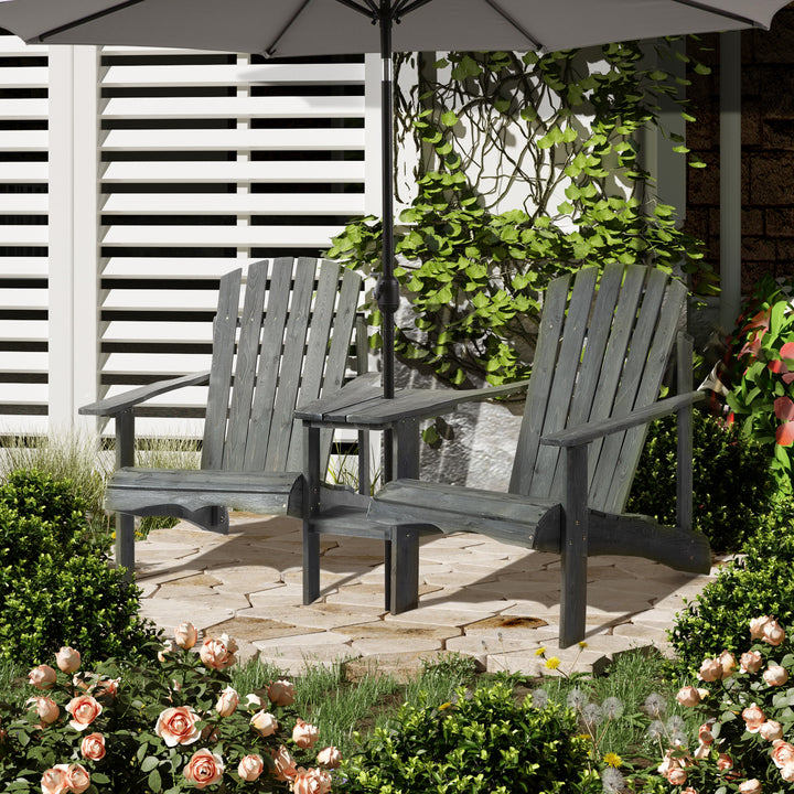 Wooden Outdoor Double Adirondack Chairs Loveseat w/ Centre Table and Umbrella Hole, Garden Patio Furniture for Lounging and Relaxing, Grey