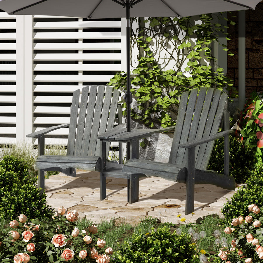 Wooden Outdoor Double Adirondack Chairs Loveseat w/ Centre Table and Umbrella Hole, Garden Patio Furniture for Lounging and Relaxing, Grey