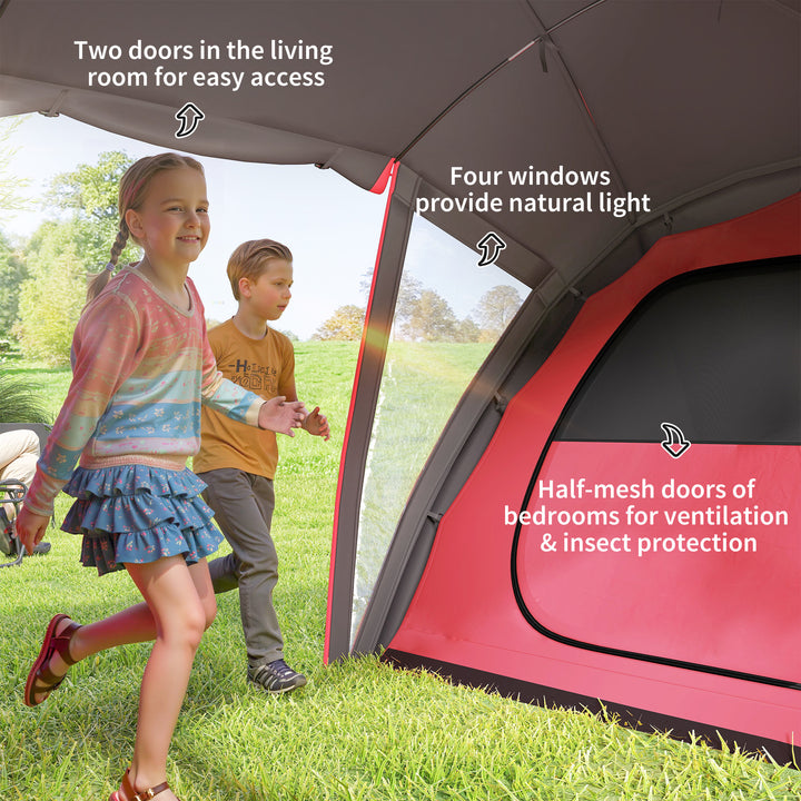 4-6 Man Family Camping Tent w/ 2 Bedrooms and a Living Room, Waterproof Tunnel Tent w/ Sewn In Groundsheet, Doors, Windows, Carry Bag, Grey