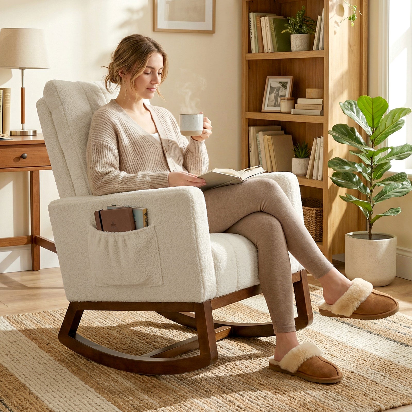 Rocking Chair for Adults, Lounge Rocker Chair with Lumbar Pillow, High