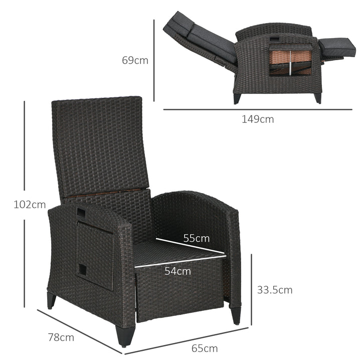 Outdoor Recliner Chair with Adjustable Backrest and Footrest, Cushion, Side Tray, Dark Grey/Brown
