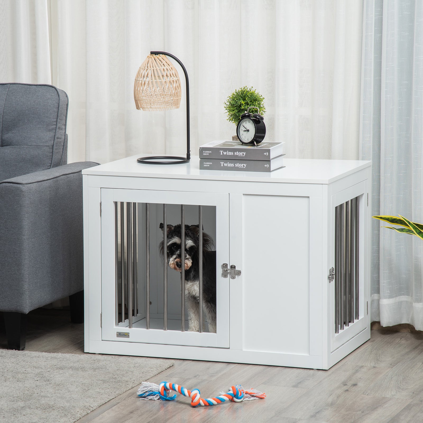 2-in-1 Dog Cage and Side Table, with Two Lockable Doors, for Medium Dogs - White