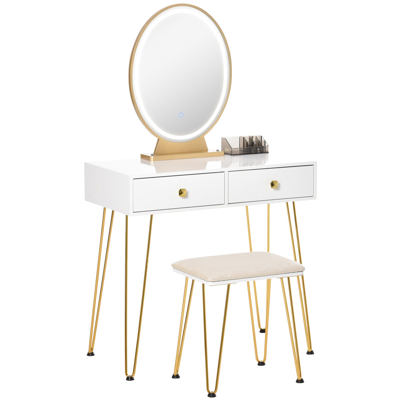 Dressing Table Set with LED Light, Round Mirror, Vanity Makeup Table with 2 Drawers and Cushioned Stool for Bedroom, White