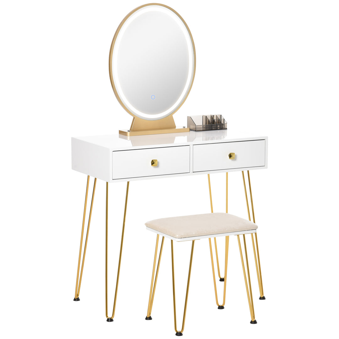 MCL Dressing Table with LED Mirror and Cushioned Stool, Vanity Desk with Acrylic Lipstick Holder and 2 Drawers, Makeup Table for Bedroom, White