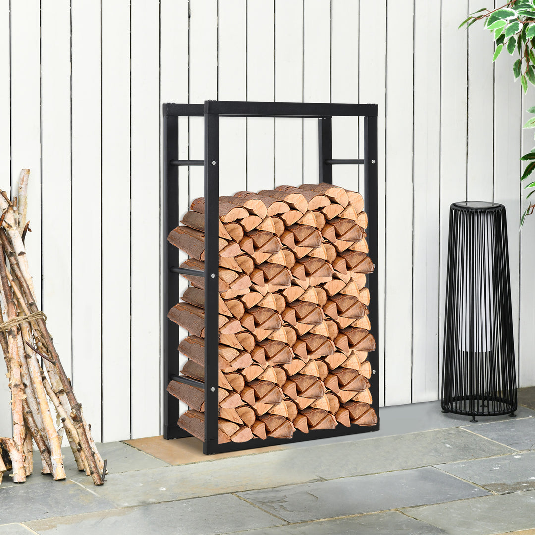 HOMCOM Metal Firewood Log Holder Tall Firewood Rack Indoor Outdoor Fireplace Wood Storage Shelf with Rust-Resistant, Black, 60W x 25D x 100H cm