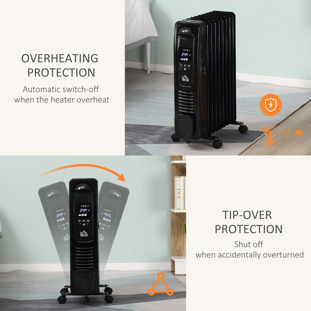 2000W Digital Oil Filled Radiator, 9 Fin, Portable Electric Heater with LED Display, Timer, 3 Heat Settings, Safety Cut-Off and Remote Control, Black