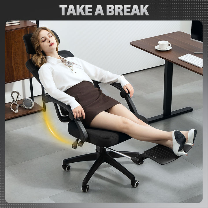 Ergonomic Office Chair, Mesh High Back Desk Chair with Adjustable Lumbar Support and Headrest, Footrest, Reclining Executive Swivel Computer Chair for Home Study, Black