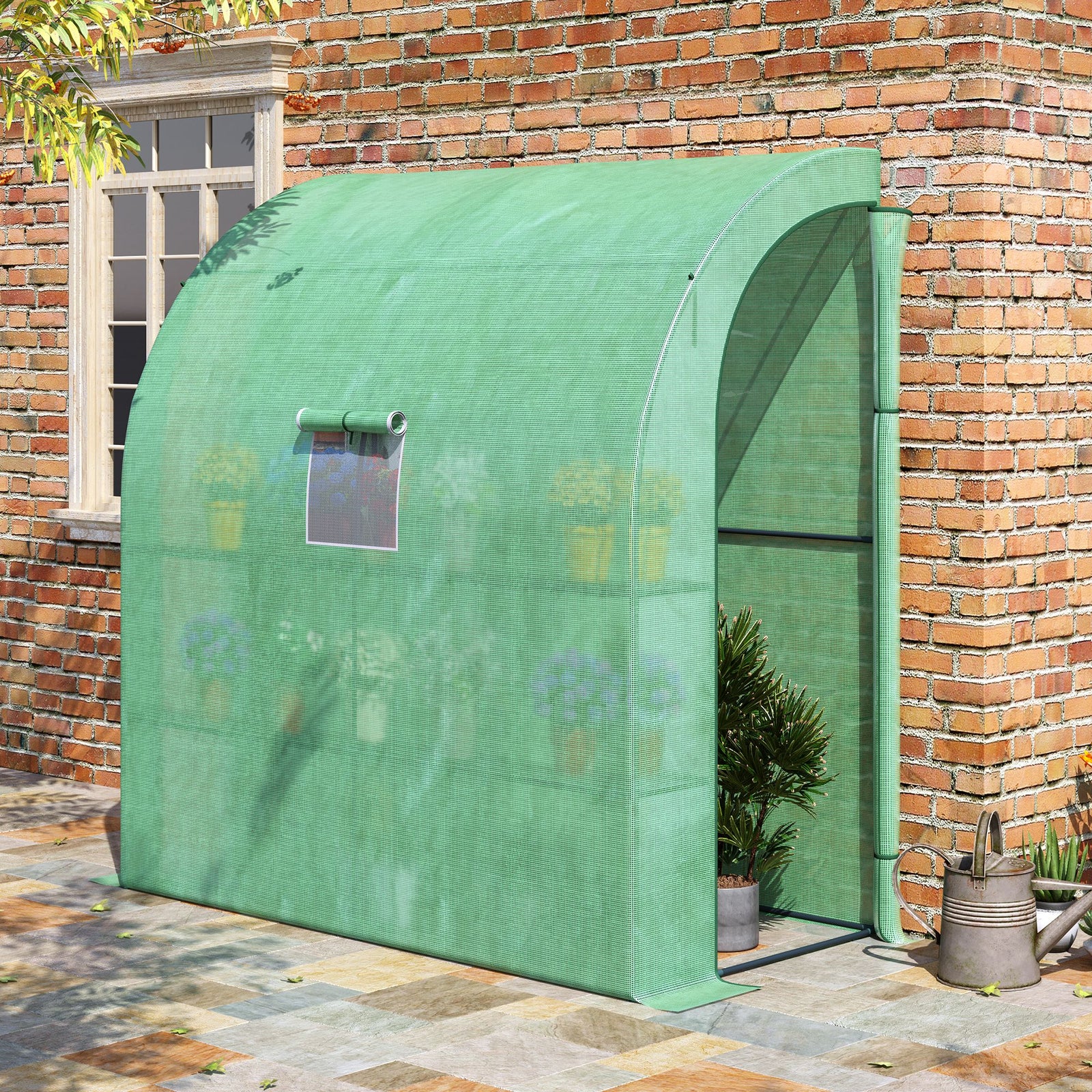 Walk-In Lean to Wall Greenhouse with Windows and Doors, Outdoor Green House with 3 Tiers 4 Wired Shelves, 200L x 100W x 215Hcm, Green