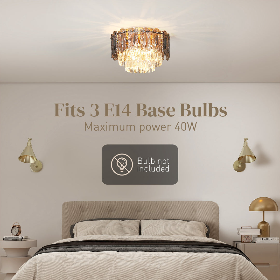 MCL Chandelier Ceiling Light, 3-Light Vintage Flush Mount Fixture with Dual Crystal and Smoke Glass Shade, LED Ceiling Light for Living Room Bedroom, 3 E27 Sockets, Bulbs Not Included, Gold Tone