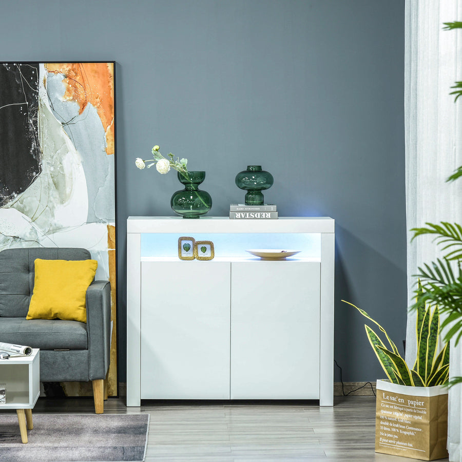 LED Storage Cabinet, Cupboard with High Gloss Front and RGB Lighting, Modern Sideboard for Entryway, Dining Area, Living Room, White