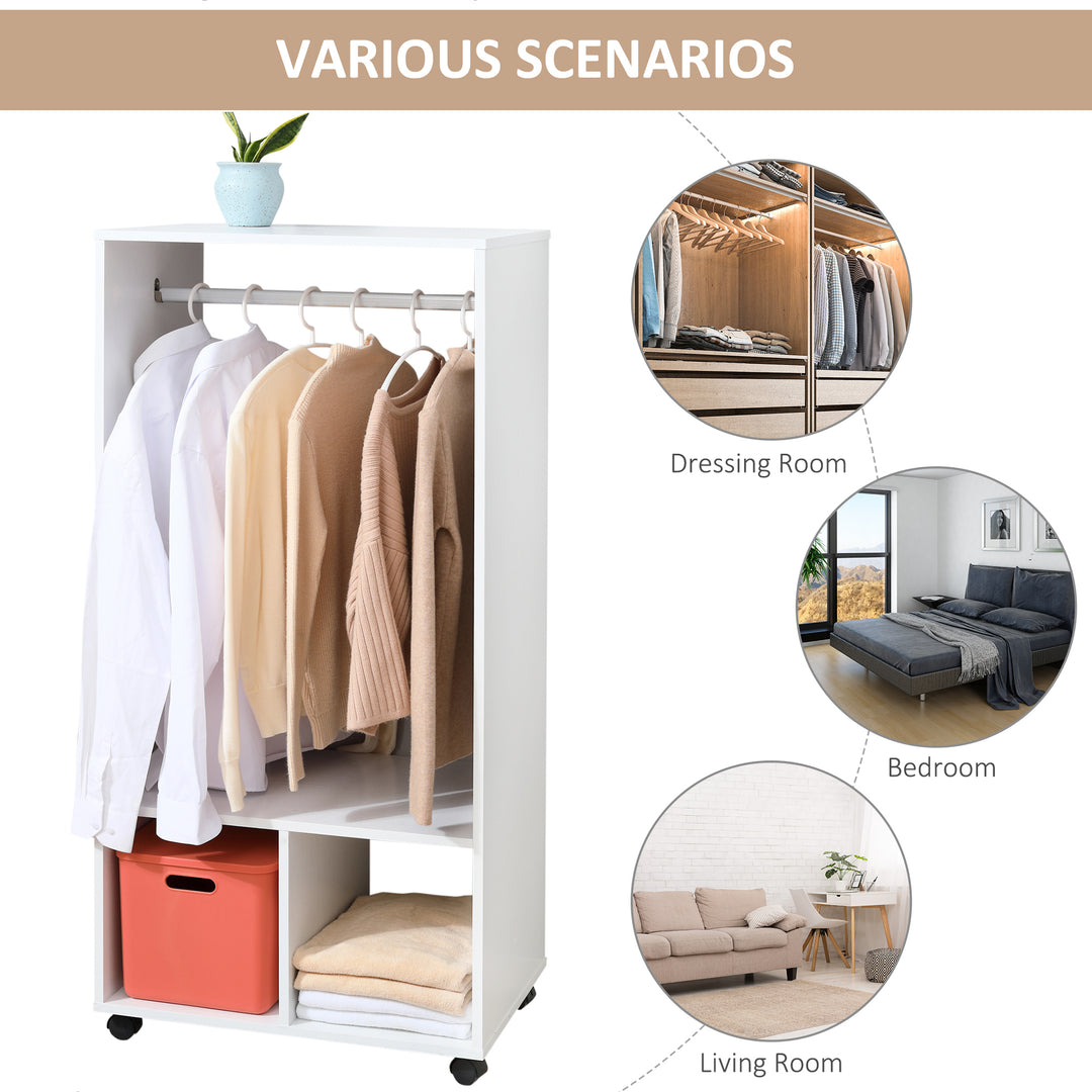MCL Open Wardrobe on Wheels, Bedroom Wardrobe with Clothes Hanging Rail, 2 Storage Shelves, Mobile Garment Rack for Cloakroom, Hallway, White