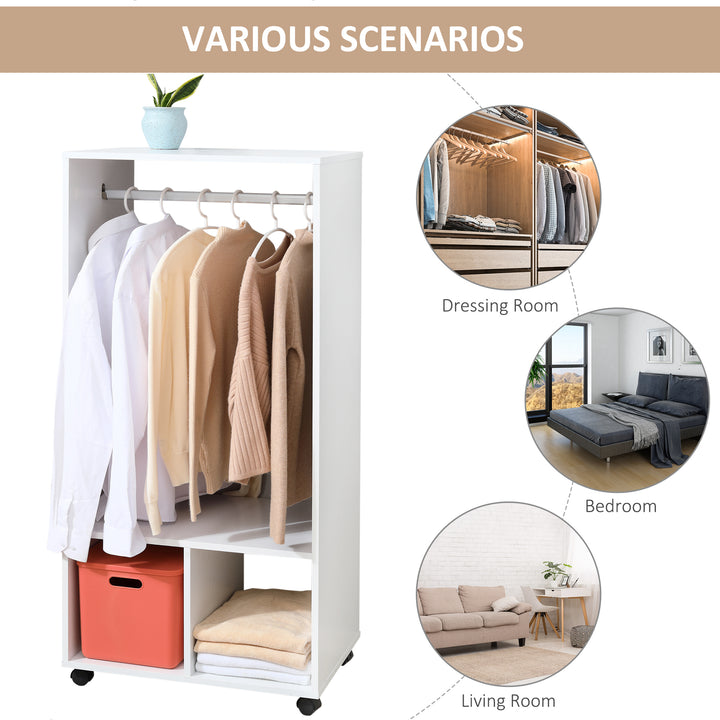 MCL Open Wardrobe on Wheels, Bedroom Wardrobe with Clothes Hanging Rail, 2 Storage Shelves, Mobile Garment Rack for Cloakroom, Hallway, White