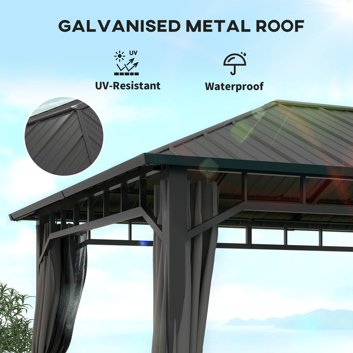 3 x 4m Hardtop Gazebo with Galvanised Steel Roof and Water Gutter, Waterproof Permanent Pavilion Garden Gazebo with Netting and Curtains for Patio, Deck