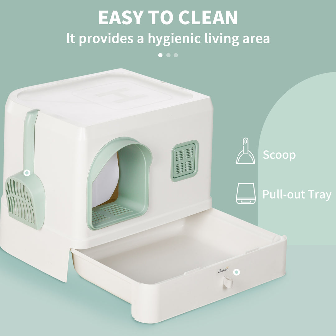 PawHut Hooded Cat Litter Box: Drawer Pan, Scoop & Deodorants, Front Entry, 50 x 40 x 40 cm, White | Aosom UK