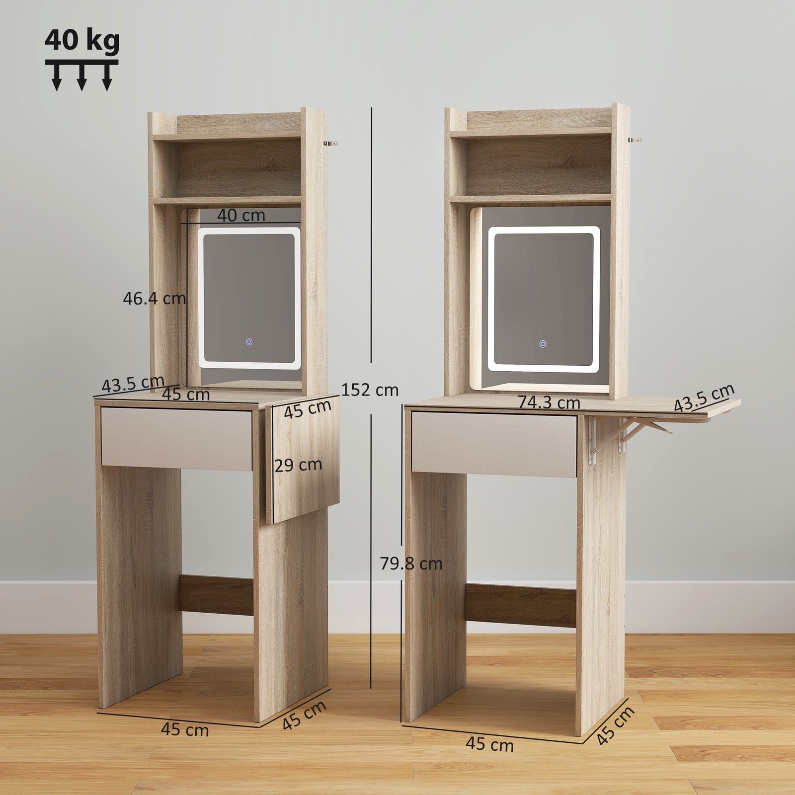 Small Vanity Desk with Mirror and LED Lights, Compact Dressing Table w