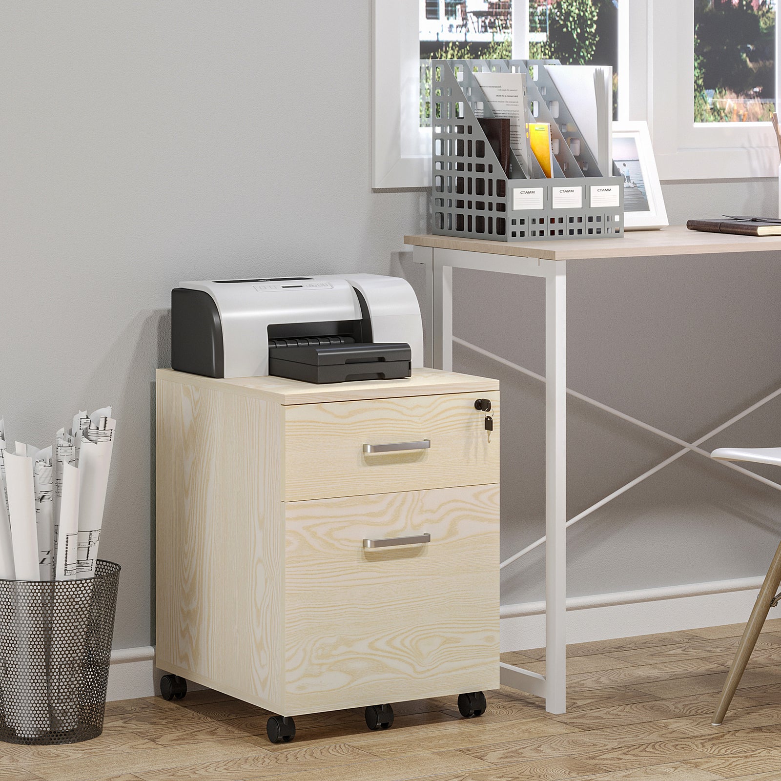 2-Drawer Locking Office Filing Cabinet w/ 5 Wheels Rolling Storage Hanging A4 Cupboard Home Organisation, Oak Wood Grain