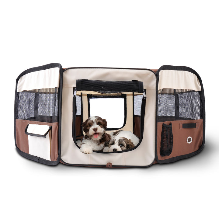 PawHut Fabric Pet Puppy Dog Cat Rabbit Pig Guinea Playpen Play Pen Run Dia90 x 41H cm Brown and Cream | Aosom UK