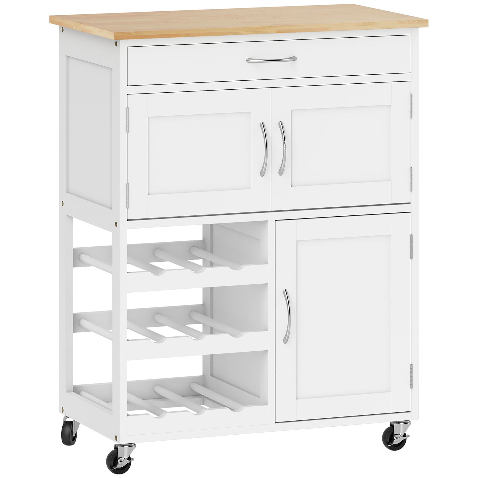 Modern Kitchen Trolley, Rolling Island Storage Cart with Drawer, 9-bottle Wine Rack, Door Cabinets, Wooden Countertop, White