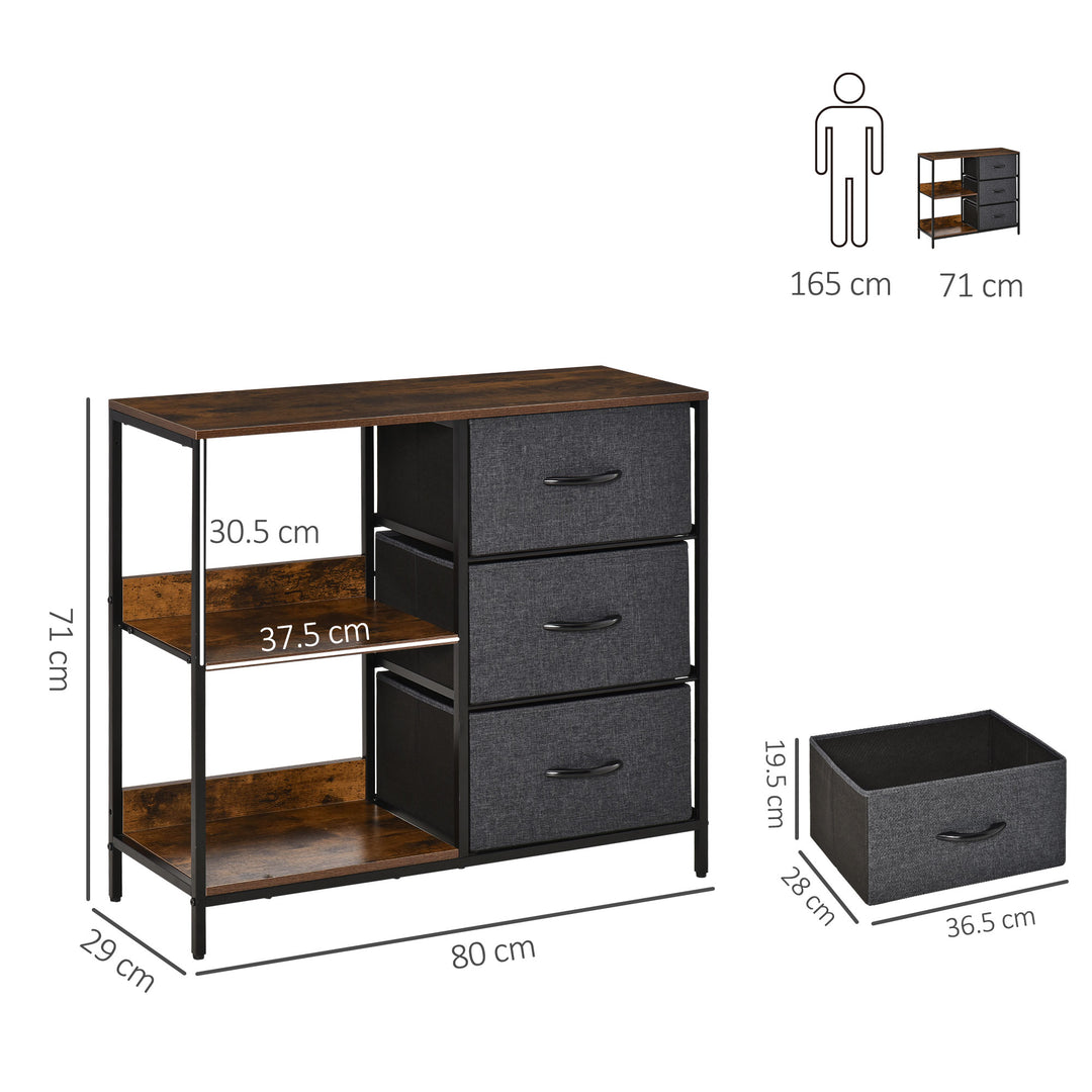 Chest of Drawers Storage Dresser Cabinet Organizer with 3 Fabric Drawers and 2 Display Shelves for Living Room, Bedroom, Hallway, Black