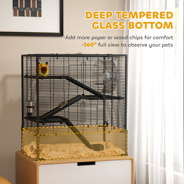 4 Tiers Hamster Cage with Deep Tempered Glass Bottom, Hut, Running Wheel, Food Dish, Water Bottle, 78.5 x 48.5 x 80cm