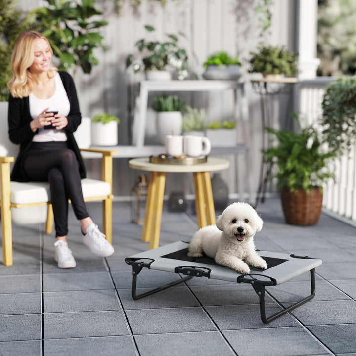 Portable Raised Dog Bed, Elevated Pet Cot with Breathable Mesh for Indoor Outdoor, for Small Medium Dogs, Light Grey