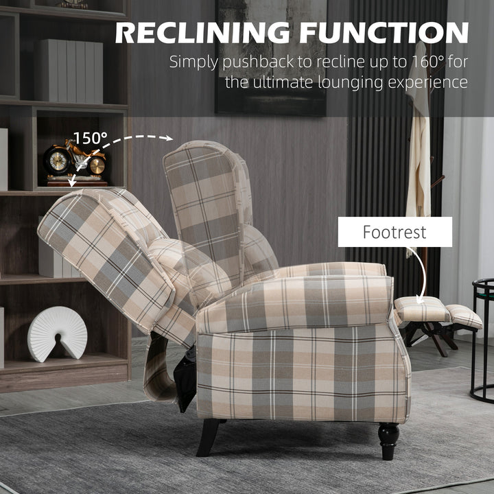 Wingback Recliner Armchair for Living Room, Pushback Reclining Chair with Round Armrests, Footrest and Rubber Wood Legs, Khaki