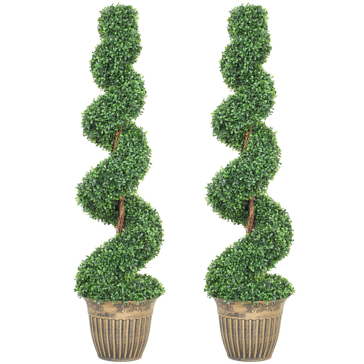Set of 2 Artificial Plants, Topiary Spiral Boxwood Trees with Pot, for