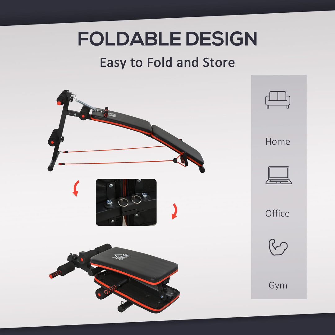 MCL Sit Up Bench Core Workout Adjustable Thigh Support Foldable for Home Gym w/ Arm Pulling Rope Black