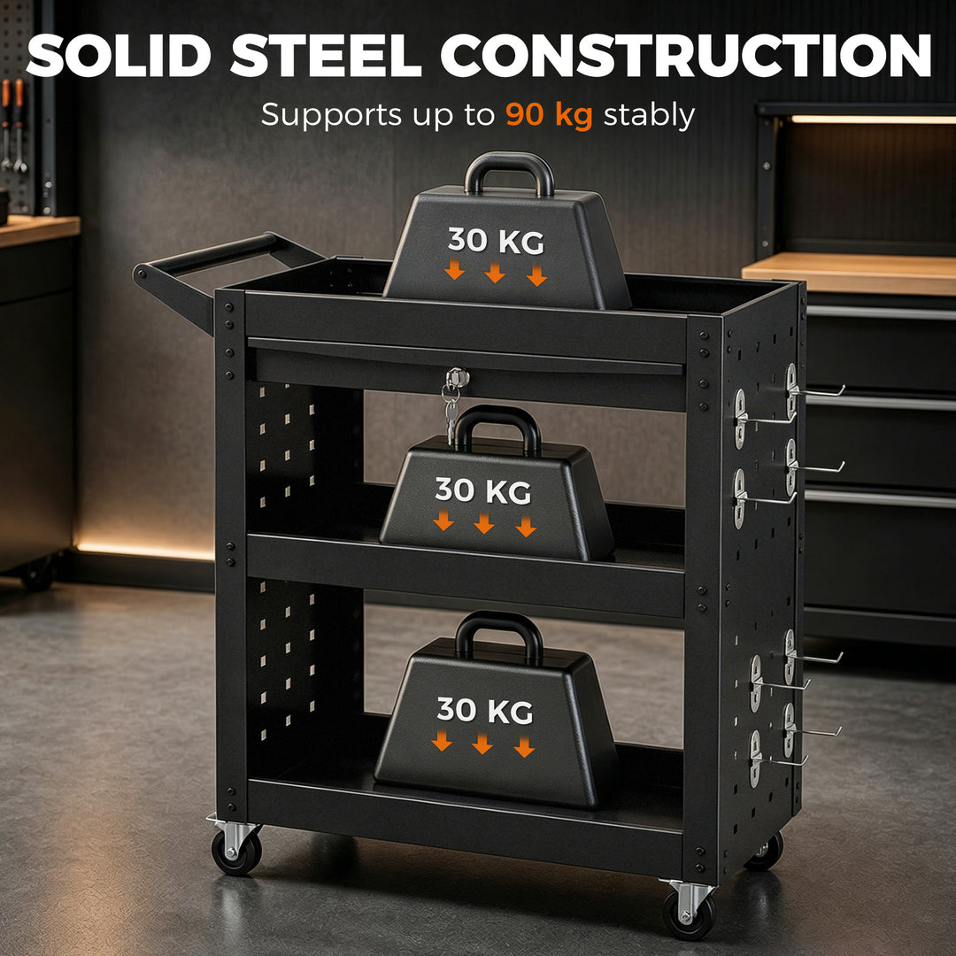 Tool Cart with Lockable Wheels, Rolling Workshop Cart with 3-Tier Tray