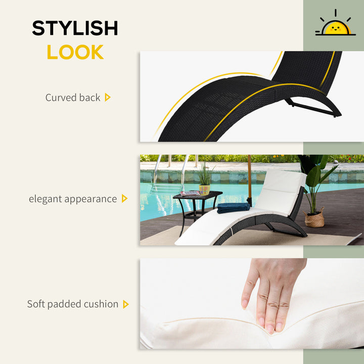 Outdoor Foldable PE Rattan Sun Lounger with Soft Padded Cushion, Ergonomic Curved Design Sun Bed for Balcony, Garden, Black