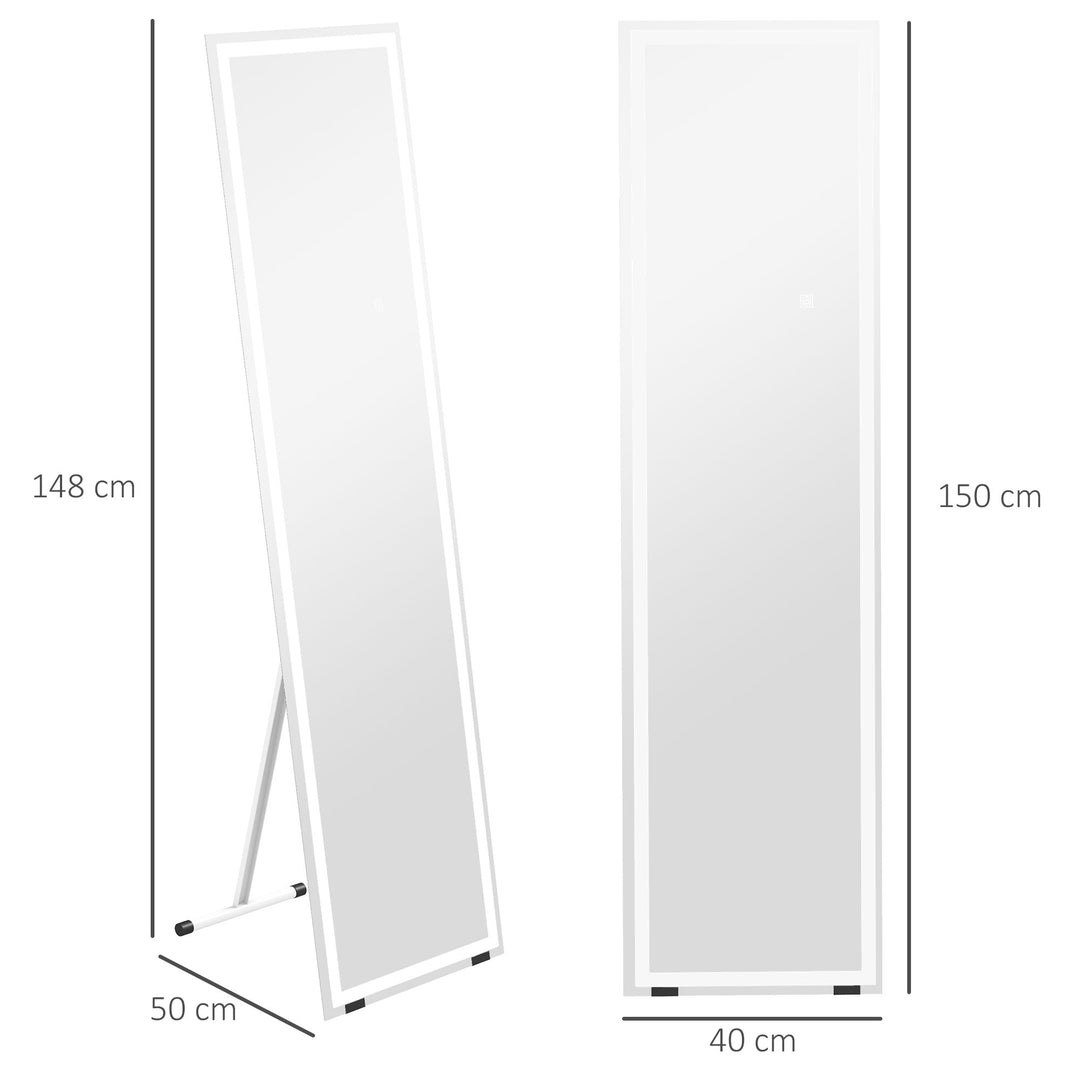 HOMCOM LED Dressing Mirror, Free Standing or Wall Mounted Bedroom Mirror with Dimmable & 3 Colour Lighting, White | Aosom UK