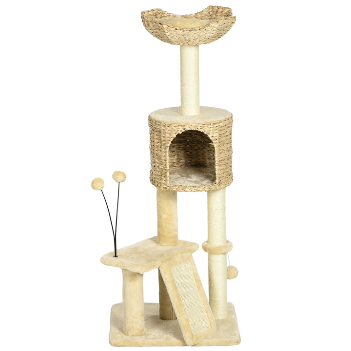 PawHut Cat Tree Tower with Scratching Posts, Cosy House, Bed, Interactive Toy Ball, Multi-Level, Beige | Aosom UK