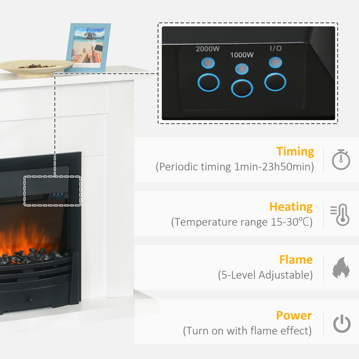 HOMCOM Electric Firplace Suites & Mantelpiece w/LED Flames Remote Marble Stone Modern Curved Surround Intelligent Safe Tempered Glass