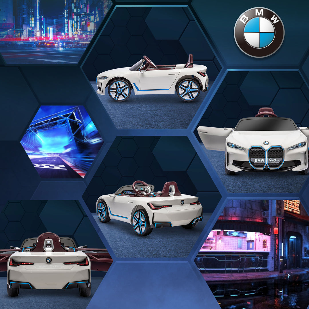BMW i4 Licensed 12V Kids Electric Ride-On Car, White, Red and Light Blue