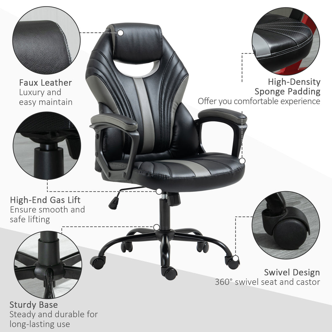 Vinsetto Ergonomic Racing Style Gaming Chair, Swivel Home Office Desk Chair in Faux Leather with Wheels, Black/Grey